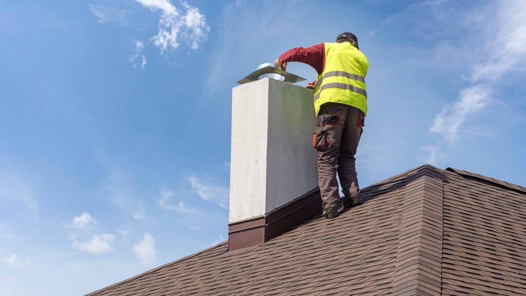 A man in a yellow best, a red shirt, and brown cargo shorts is seen repairing a chimney in front of a blue sky.